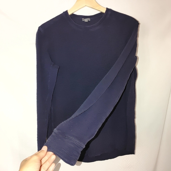 Vince Long Sleeve Crew Neck Shirt Waffle Textured Thermal Knit Navy Blue Medium - Picture 4 of 7